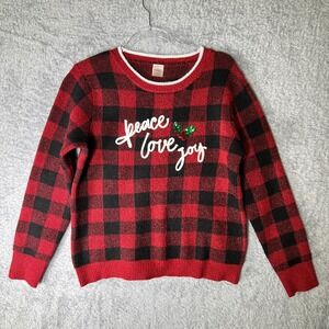 Peace Love Joy L Red Black Buffalo Plaid Christmas‎ Sweater Sequin Holiday